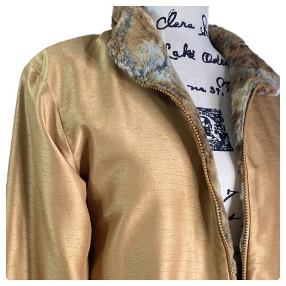 Boutique - Reversible Shantung Taffeta Brilliant Gold Ultra-Soft Faux Fur Coat M - Picture 8 of 16